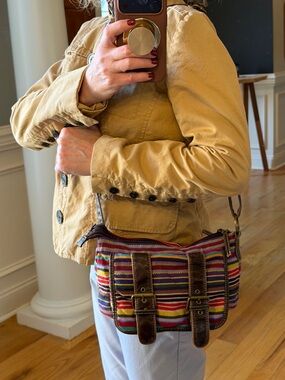 Joe Boxer Vintage Y2K Boho Striped Canvas & Faux Leather Crossbody/Shoulder Bag